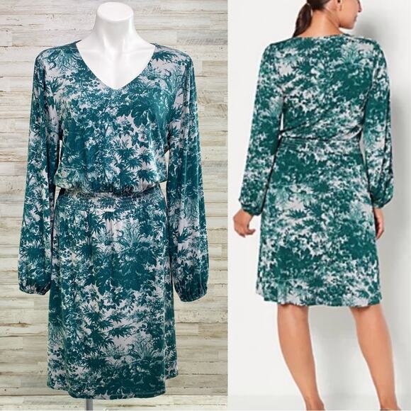 Jason Wu Dresses & Skirts - Jason Wu Stretch Long Sleeve Dress Womens Size M Teal Green Print Smocked Waist